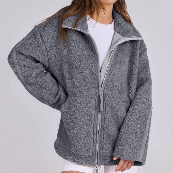 Winter Lapel Zip-up Coat With Pockets Casual Fashion Solid Fleece Jacket Fall Spring Long Sleeve Women's Clothing - Image 3