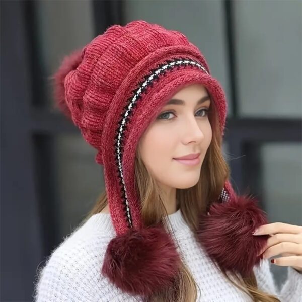 Cozy Knit Fleece-Feel Beanie With Ear Flaps & Pompom Warm Winter Hat For Women Perfect For Skiing & Outdoor Activities - Image 2