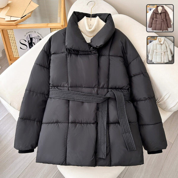 Winter Plaid Sewing Lapel Coat With Lace-up Design Fashion Loose Solid Thick Jacket Outerwear Women's Clothing